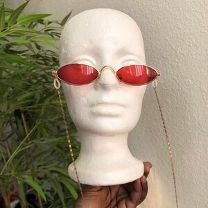 RARE 90s Vintage Retro Red Gold oval round sunglasses with chain-Unisex #hipster